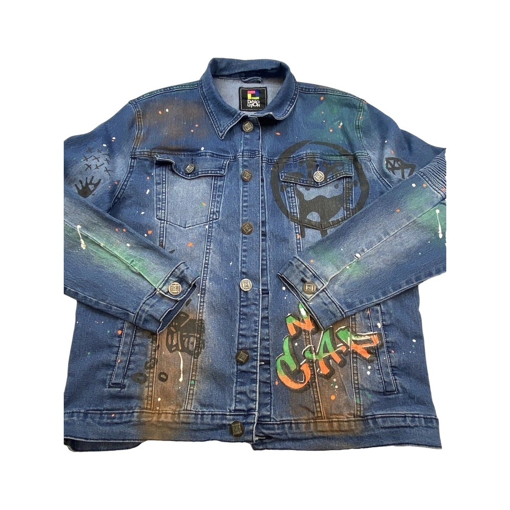 Demo Lition Jacket Mens XL Blue Denim Graffiti Biker NO CAP HUSTLE Art Street